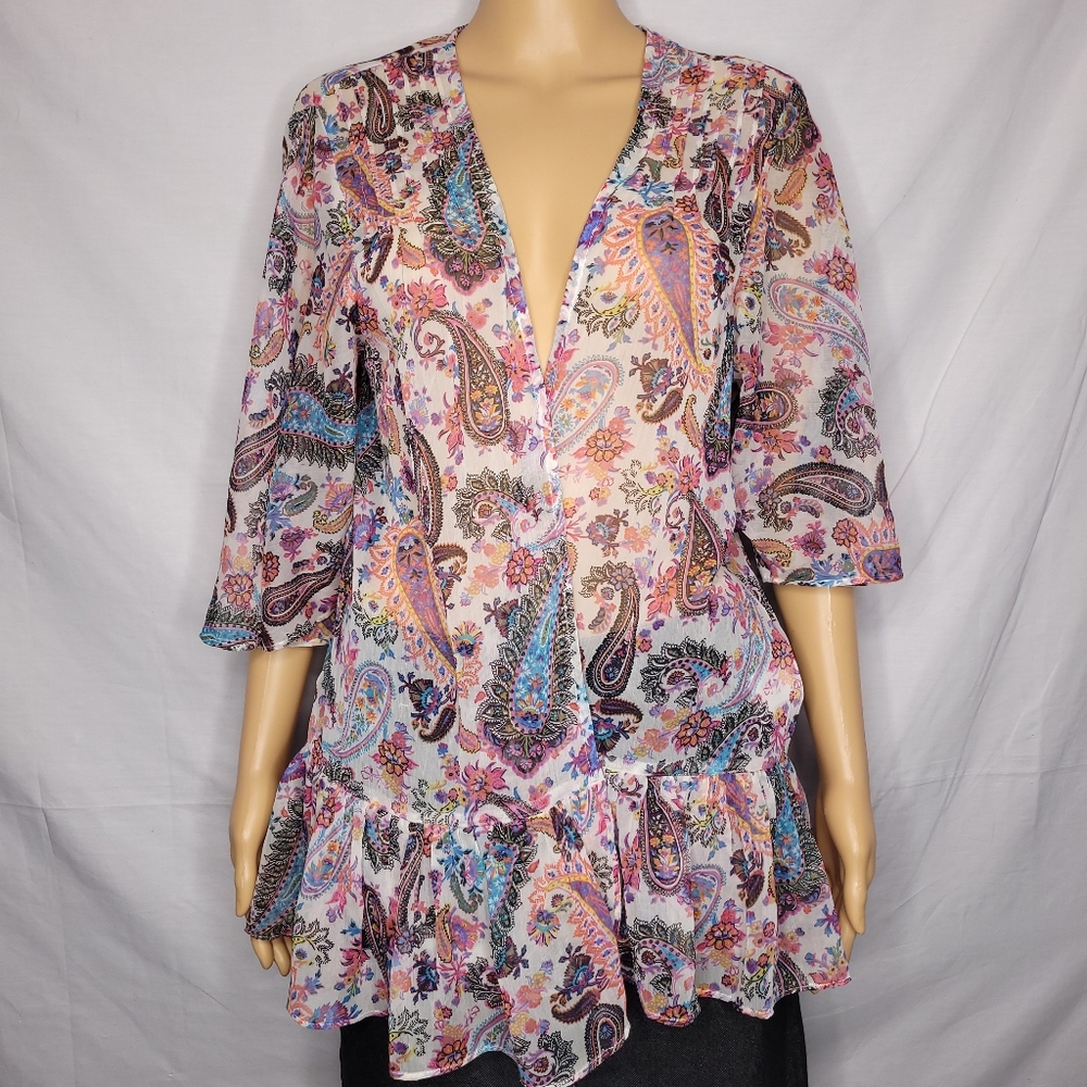 AMERICAN EAGLE OUTFITTERS PAISLEY PRINT SHEER COVERUP BLOUSE XS